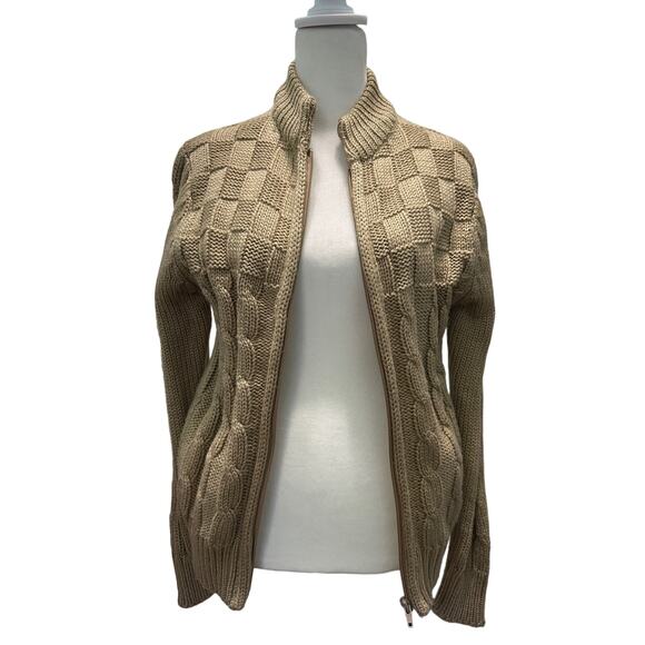 Vintage Unisex Tan Chunky Cable Knit Zip Sweater Jacket Acrylic Medium - Picture 8 of 11